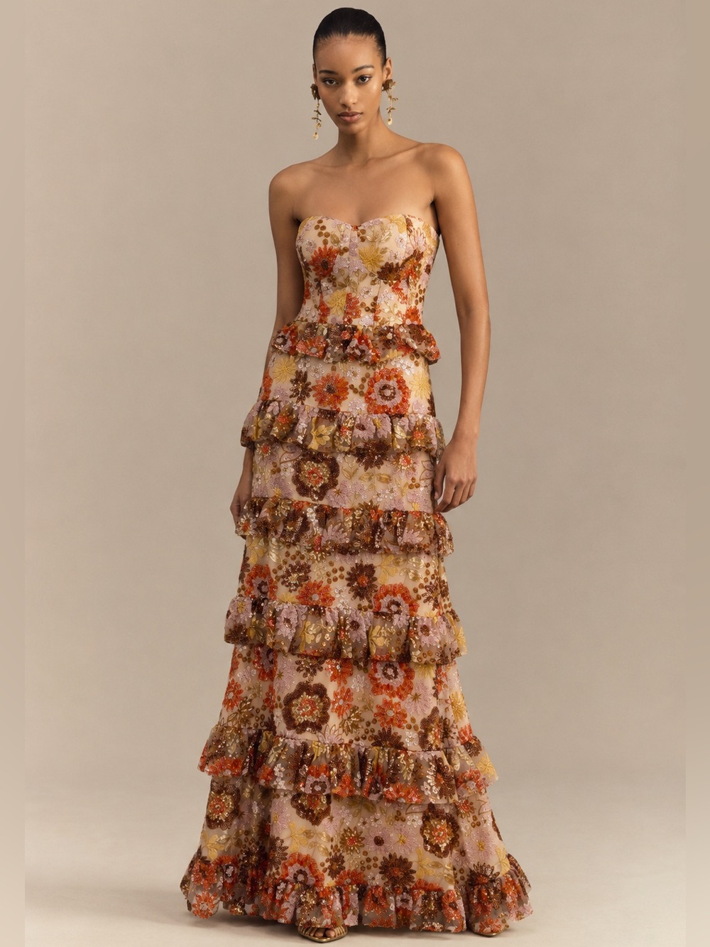 New Dress The Population Siriana Sequin Ruffle Gown Medium & Small - Picture 2 of 12
